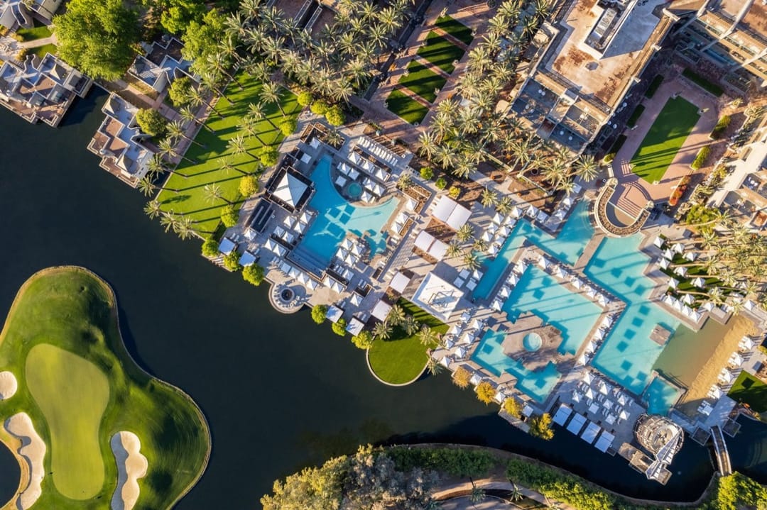 Grand Hyatt Scottsdale pools, lake and golf green from directly above