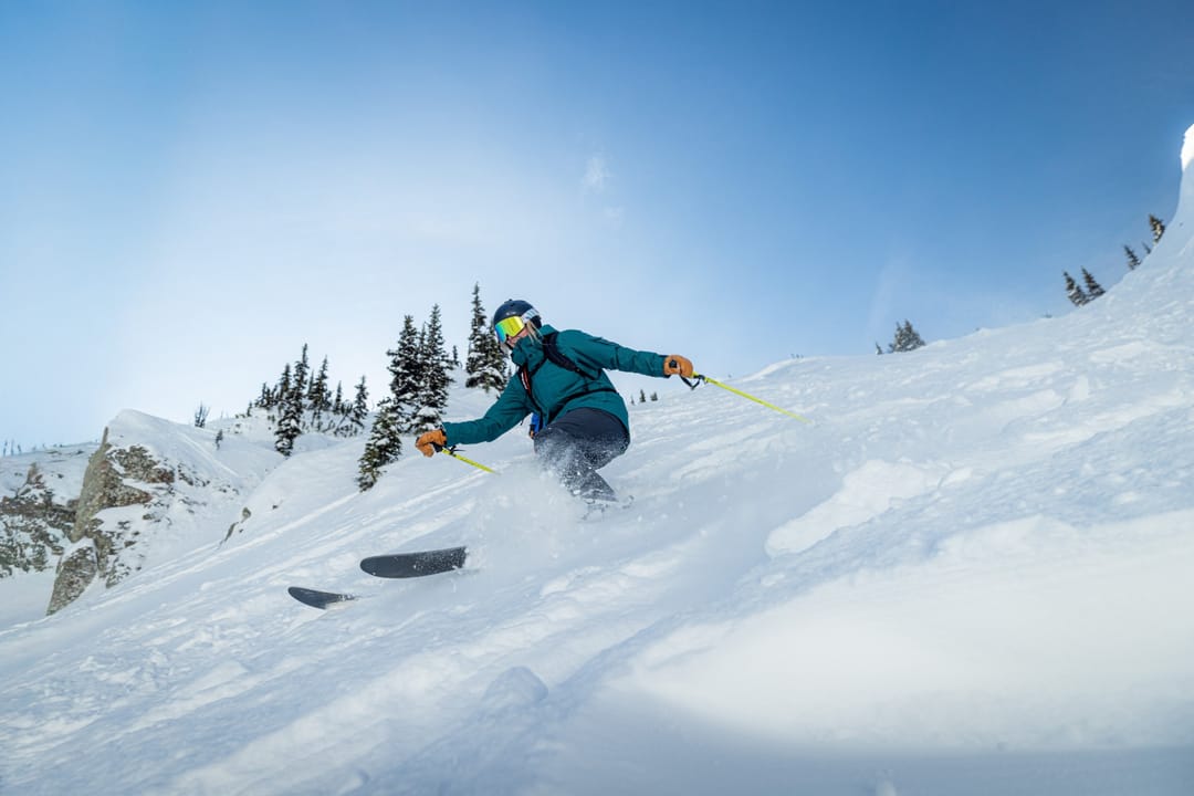 Skier in a teal jacket carving through fresh powder below snowy pines